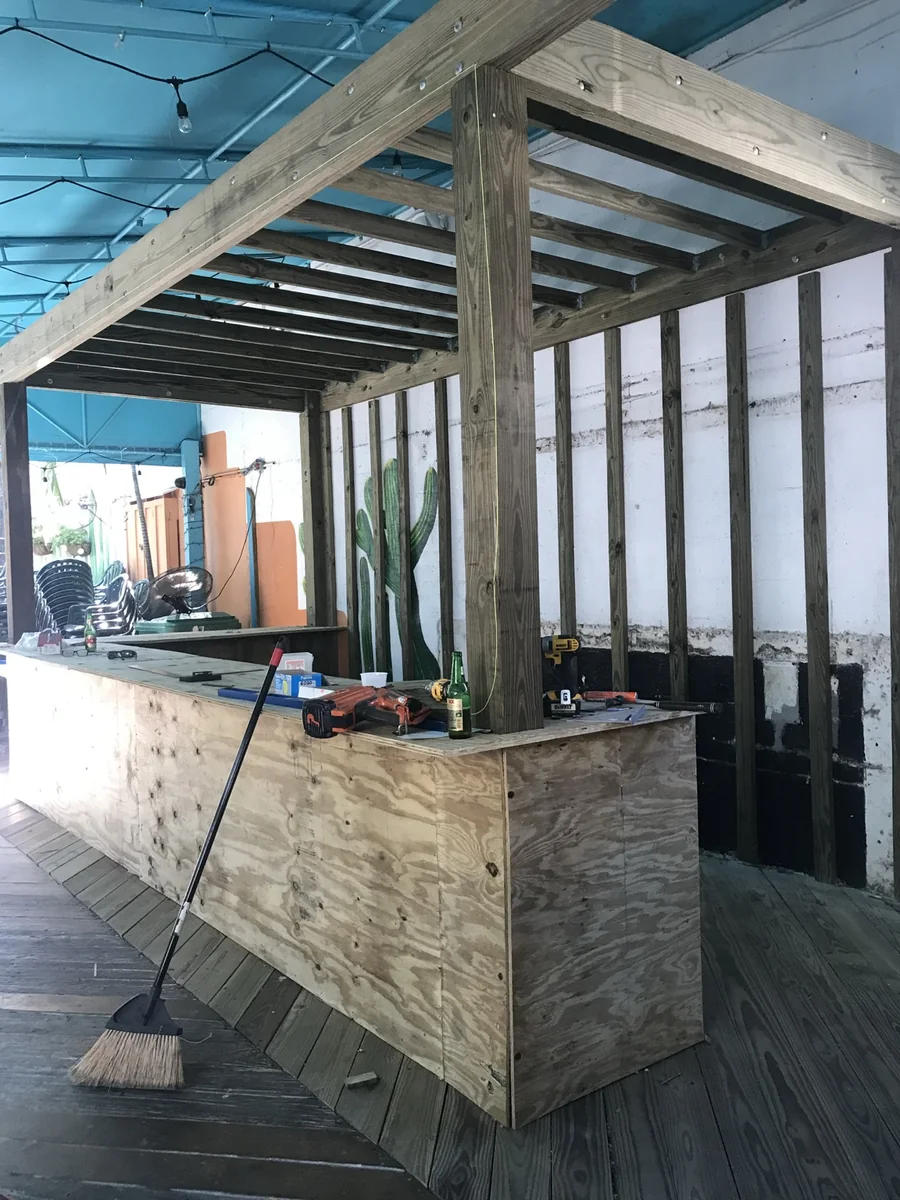 Framing and timber construction for a bar at a commercial property.