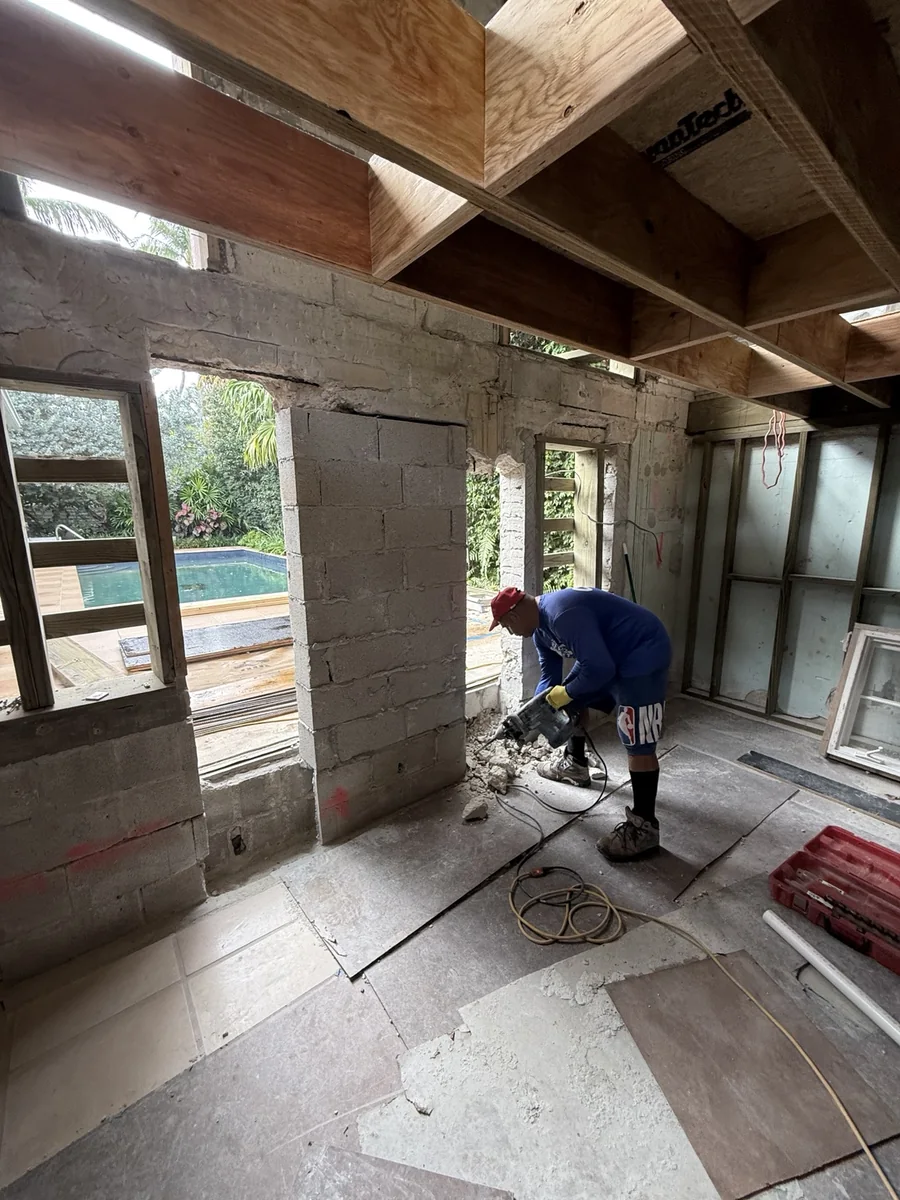 Masonry openings and ceiling framing exposed during a renovation.